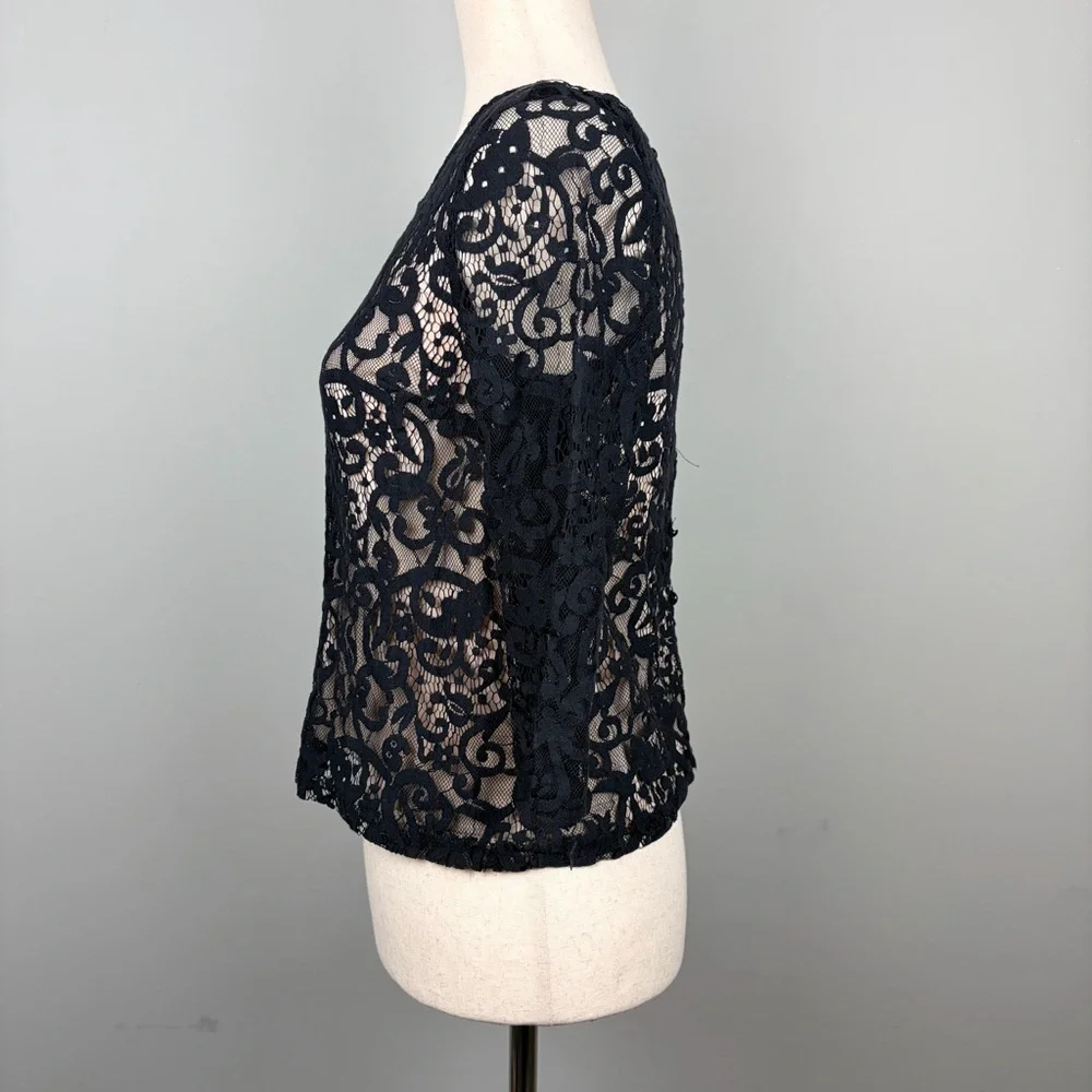 H&M Black Lace Sheer‎ Blouse 3/4 Sleeve Button Back XS